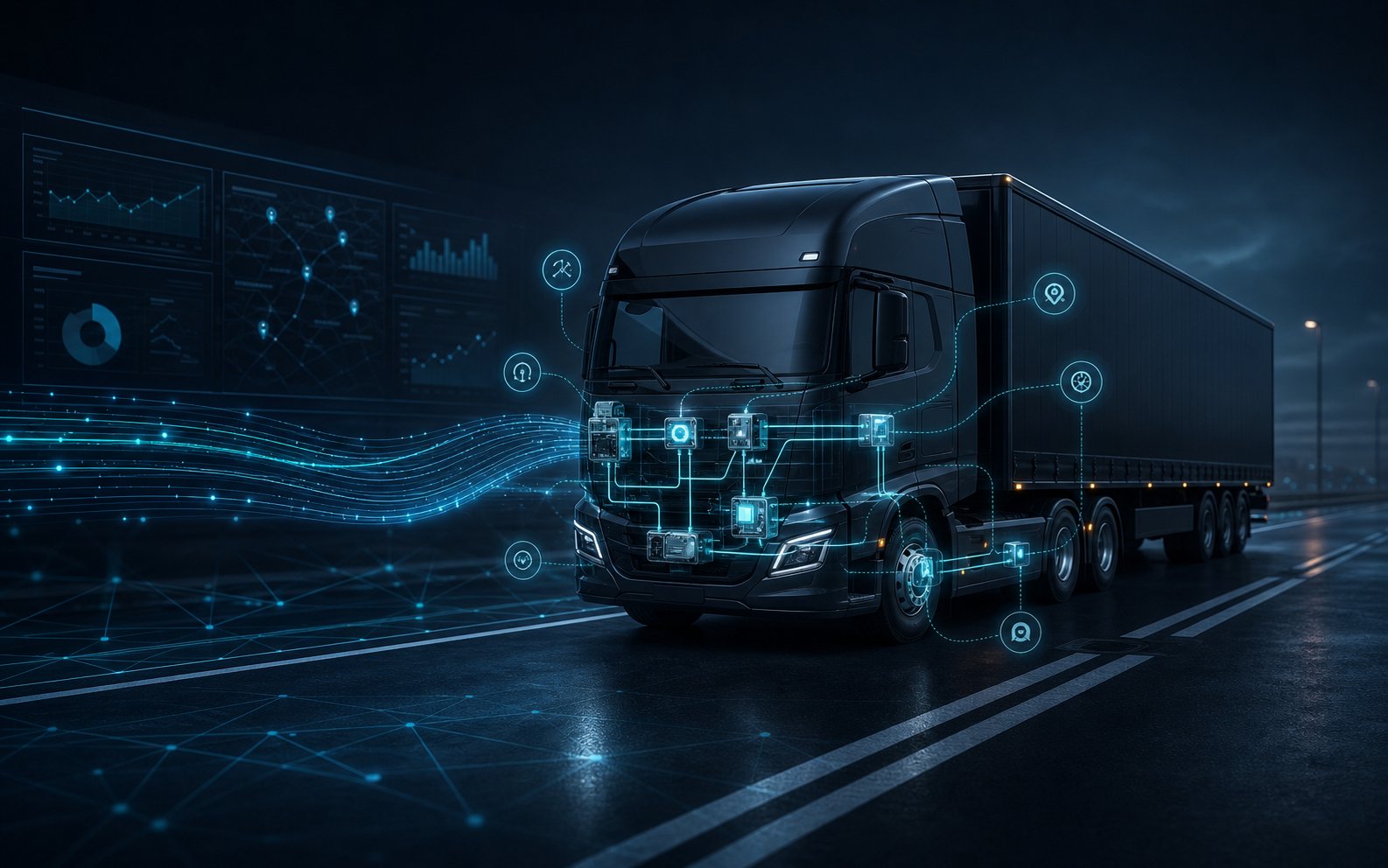 CAN telematics system concept showing a connected commercial vehicle and telemetry network